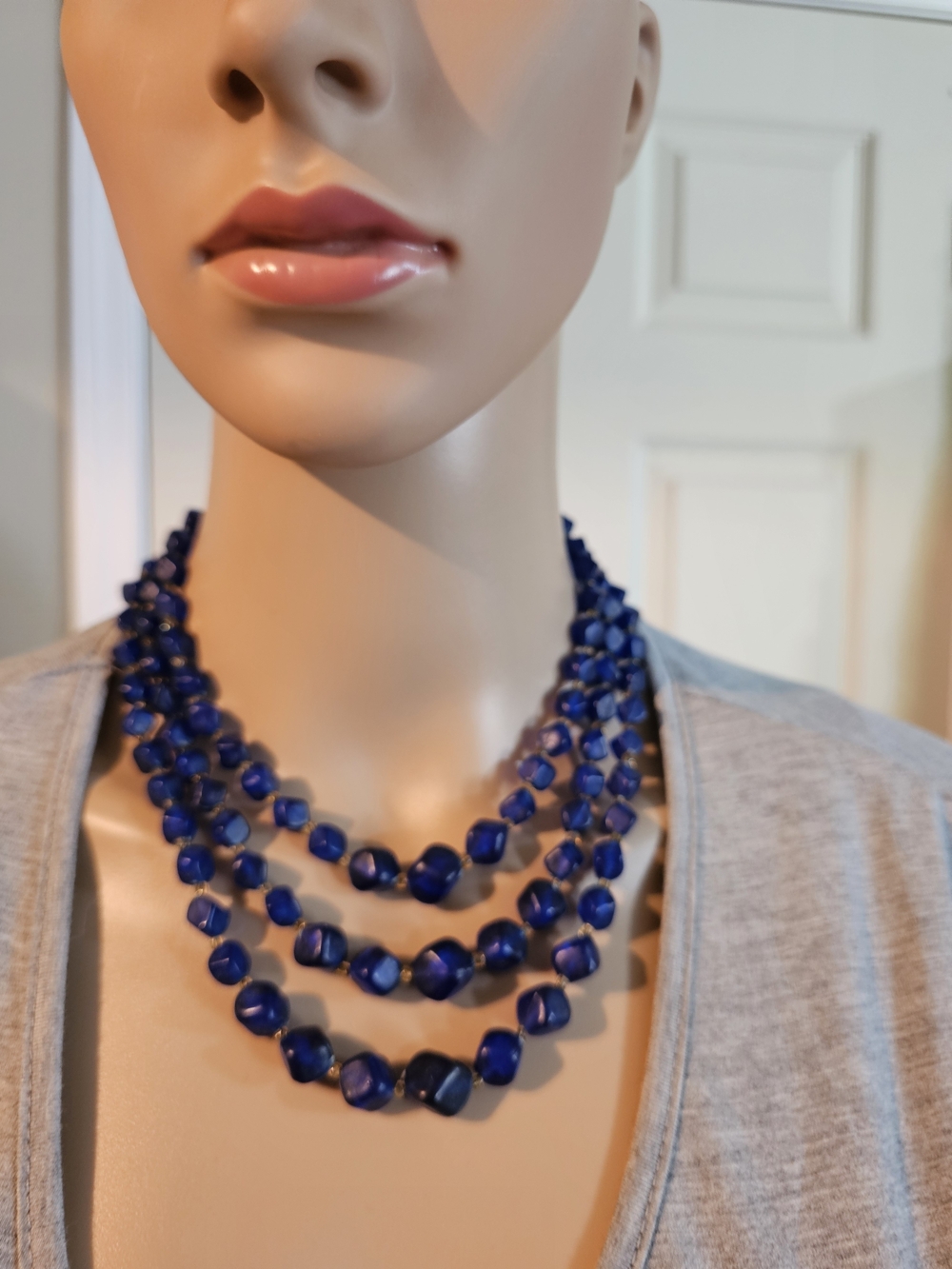 Vintage Bold Triple-Row Blue Beaded Necklace